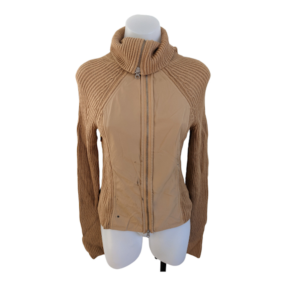 KaufmanFranco Size Small Ribbed Sweater Jacket Tan Zip Up Turtleneck Long Sleeve